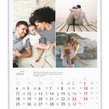 personalizēts sienas kalendārs, iesiets melnā spirālē, ar ģimenes fotogrāfiju kolāžu